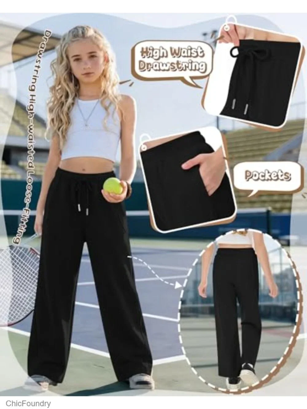 Wide Leg Sweatpants for Girls, Loose Athletic Kids Pants with Pockets